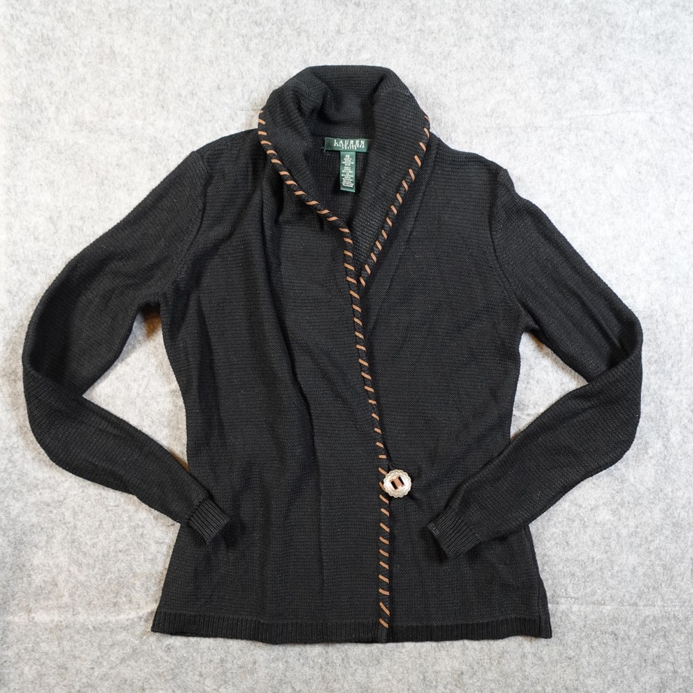 Ralph Lauren Cardigan Womens Small Petite Linen Blend Knit Leather‎ Trim Western